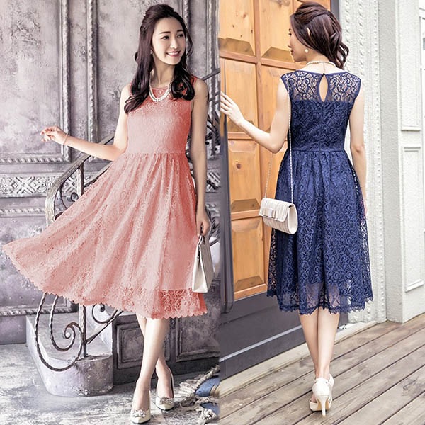 パーティードレス 結婚式 40代 即納 有 S M L XL 2XL ワンピース レース YJ-880916 ノースリーブ ネイビー ピンク グレー 大きいサイズ レディース ミモレ丈 膝下丈