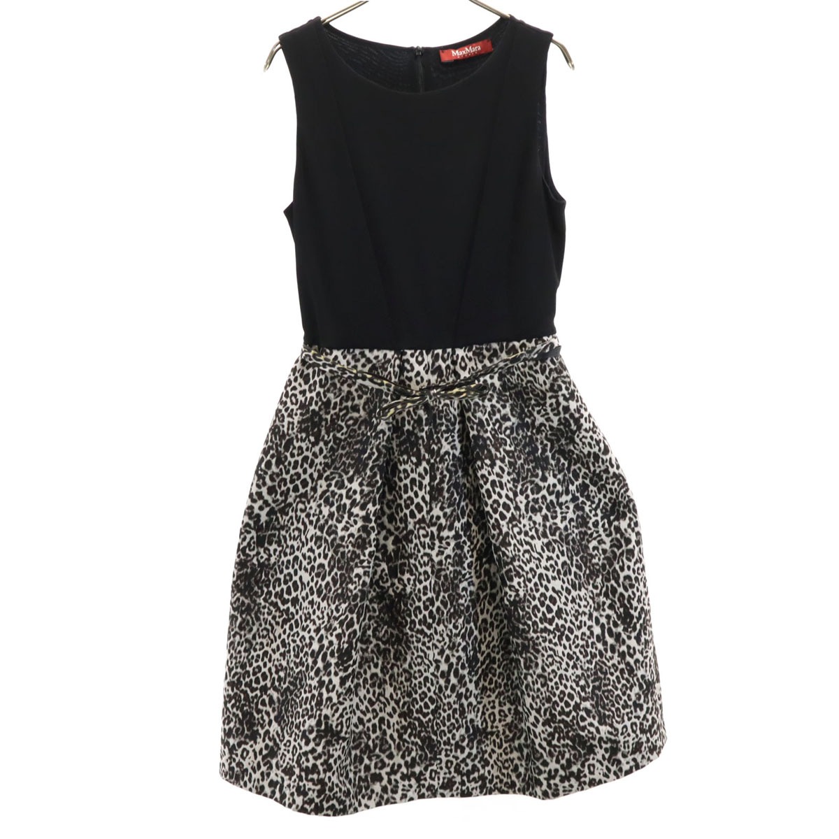 レオパード切替 ノースリーブ ワンピース M 黒系 レディース 古着