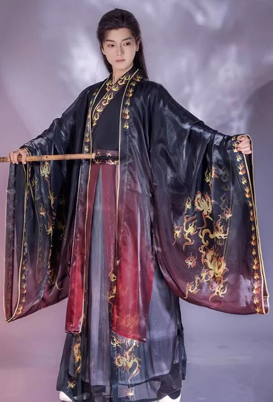 品質良い!店舗お勧め!漢服唐装 メンズ 男性用 華やか 中華服 中華コスプレ衣装3点セット オリジナル 豪華 女性用も可能 中国古代服 チャイナ服 フェニックス 炎 ほのお 金色プリント 振袖羽織カバ