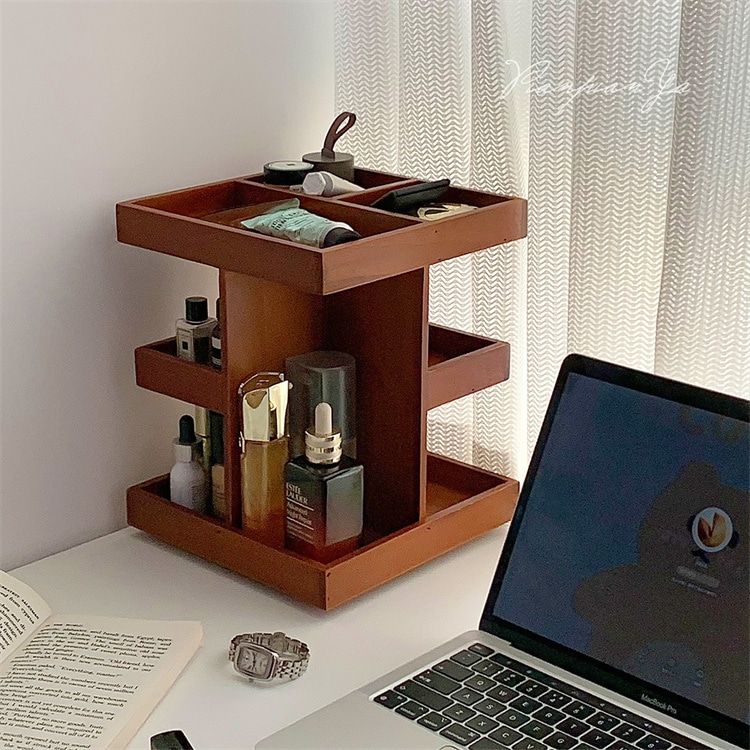 早い者勝ち スキンケア用品 小物収納 360回転可能 卓上収納ケース レトロ 木質 段積み整理 化粧台 新品 化粧品収納ケース