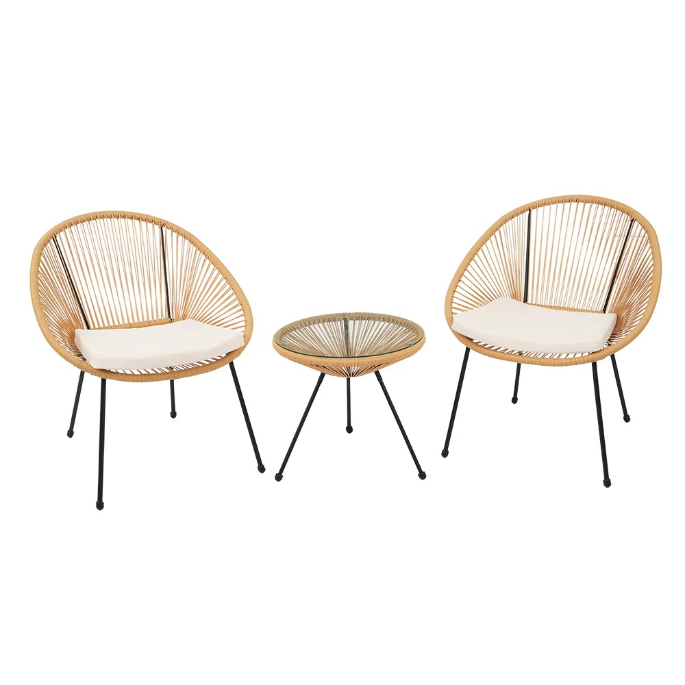 1988【ナチュラル】2025新作 ガーデンファニチャー テーブル 3点セット 2脚　ガーデン ベランダ ガーデンチェア セットテーブルセット クッション付