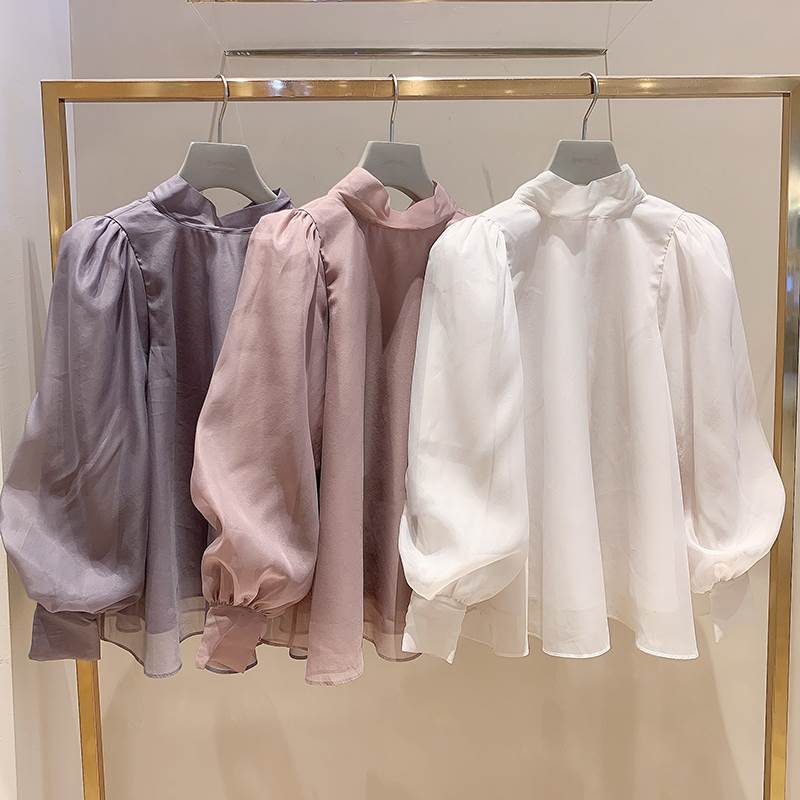 トップス シャツ 袖あり 長袖 パフスリーブ スタンドカラー ルーズ シフォン リボン プルオーバー