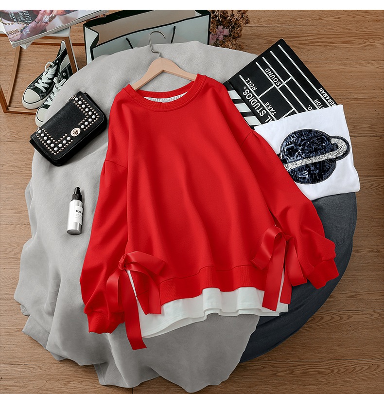トップス カットソー トレーナー ミディアム丈 袖あり 長袖 バットスリーブ ラウンドネック 襟なし レッド ブラック グリーン ストレート リボン コットン フェイクツーピース 個性的 マニッシュ