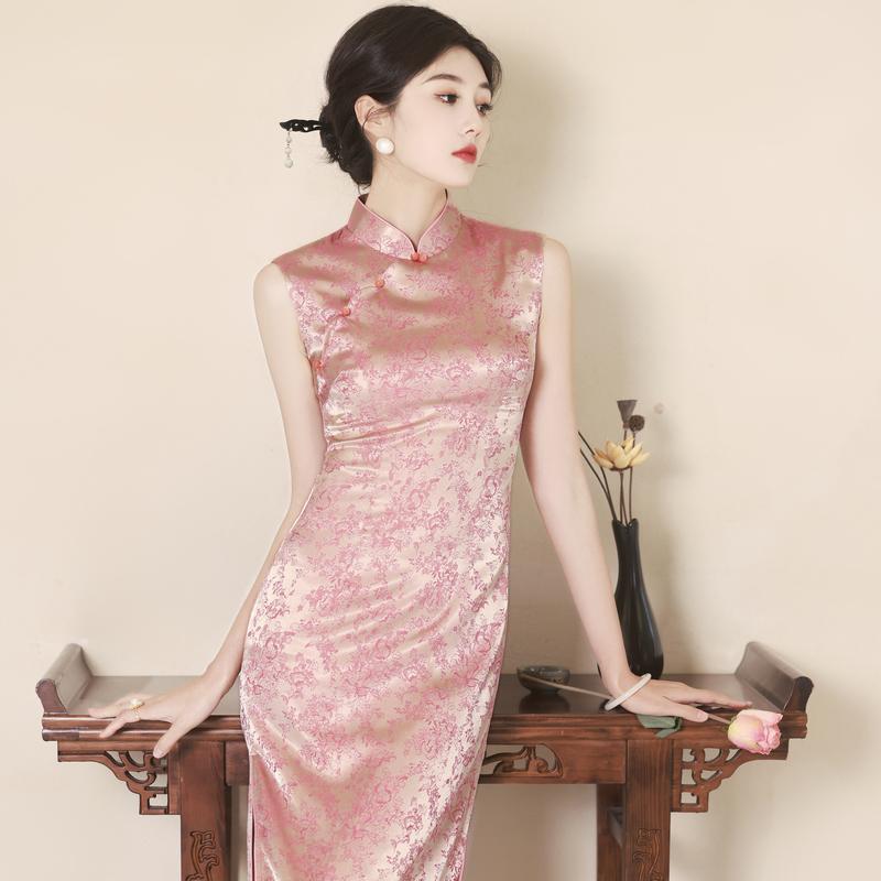 チャイナドレス レディース ワンピース 若々しい ジャカード エンゲージメント パフォーマンス ピンク