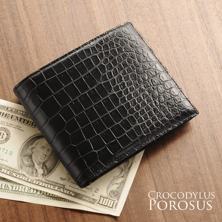 スモール クロコダイル 折り財布 マット 加工 センター取り 一枚革 ポロサス 無双 横幅11.5cm メンズ 保証書 付き 本革 ギフト プレゼント 4FA (06001063r)