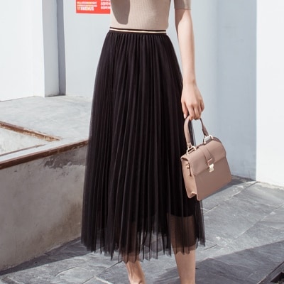 3089.カジュアル プリーツチュールロングスカート（ブラック ゴールドウエストライン）