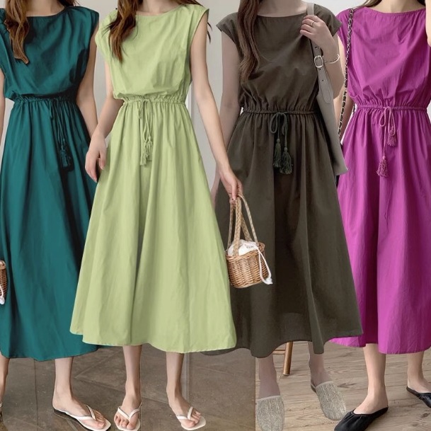 ワンピース プルオーバー フレアワンピース 膝下 ミモレ丈 袖なし ノースリーブ ラウンドネック フレア Aライン ウエストマーク ウエストゴム 綿 かわいい 大人可愛い きれいめ 大人 上品