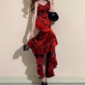 赤桃純情スタイルロングスカート宮殿レッドイブニングドレス女性用エレガントロングサスペンダードレス