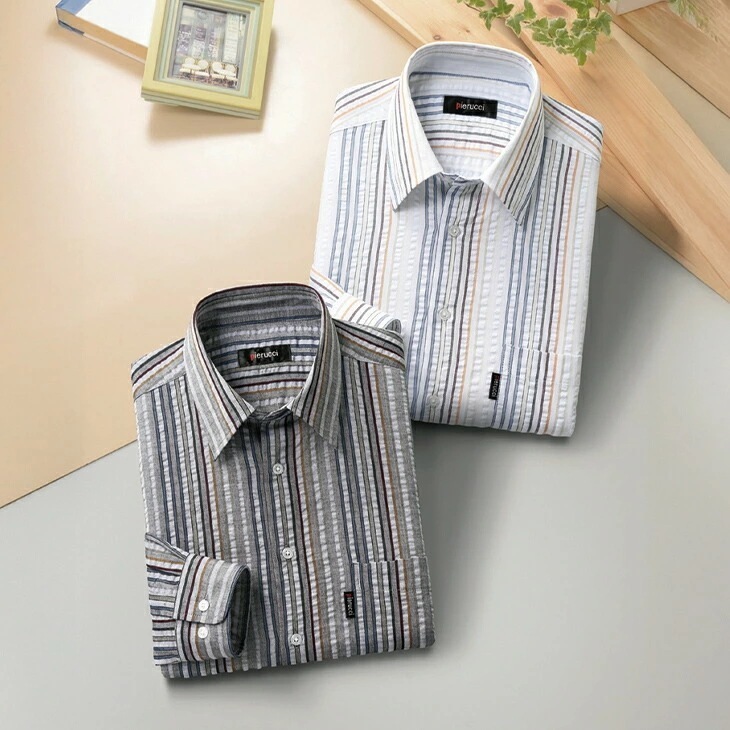 サッカー生地さわやか長袖シャツ2色組