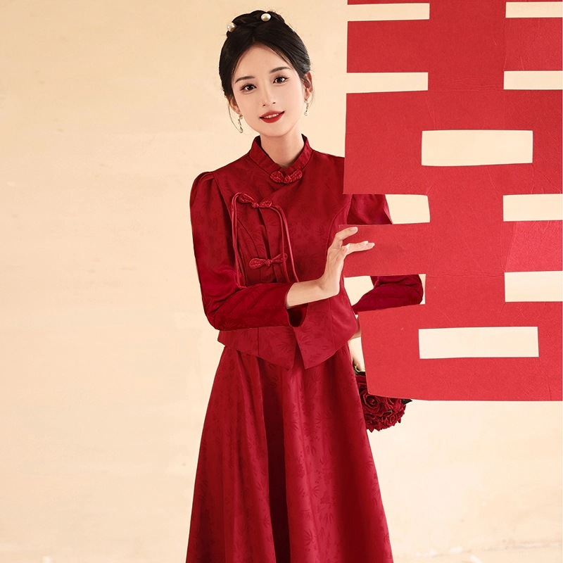 式チャイナドレス乾杯ドレス花嫁長袖赤いウェディングドレスツーピースドレス婚約ドレス