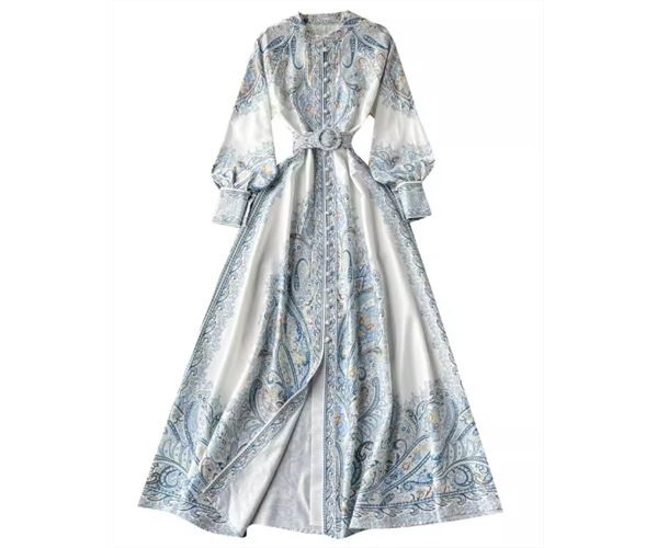 レディース ワンピース ドレス ロング 長袖 ボリューム袖 ランタンスリーブ フレア Aライン 裾ワイド ベルト ウエストマーク ハイウエスト 異国風 ボタン 大人可愛い きれいめ 上品 おしゃれ