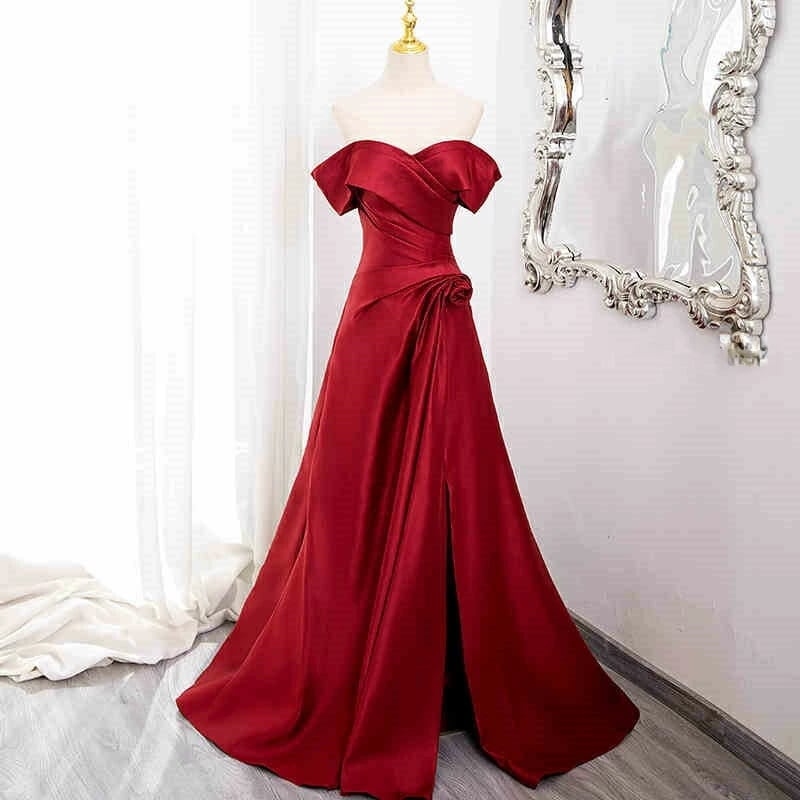 カラードレス ロングドレス パーティードレス オフショル ワインレッド レッド サテン ドレープ ウェディングドレス ウエディングドレス 結婚式 二次会 花嫁 前撮り 演奏会 発表会 カクテルドレス