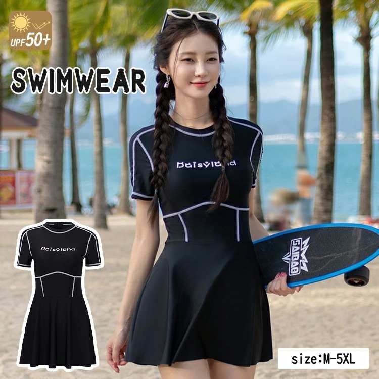 オールインワン 水着 レディース ワンピース型 スカート 半袖 ワンピース水着 一体型 スイムウェア セクシー クルーネック ビキニ 水泳 ギャザー 女性用 高校生 夏 秋 冬 プール 海辺 海 着痩