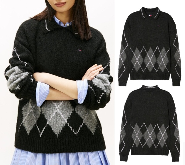 Oversized Argyle Polo Sweater (T32G0KTO13TWT1BDS)