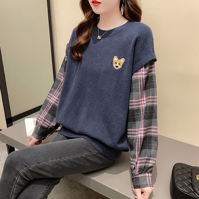 ニット ブラウス レイヤード プルオーバー 重ね着風 トップス トレーナー 長袖 ラウンドネック かわいい カジュアル おしゃれ お洒落 レトロ こなれ感 ラフ メンズライク ボーイッシュ