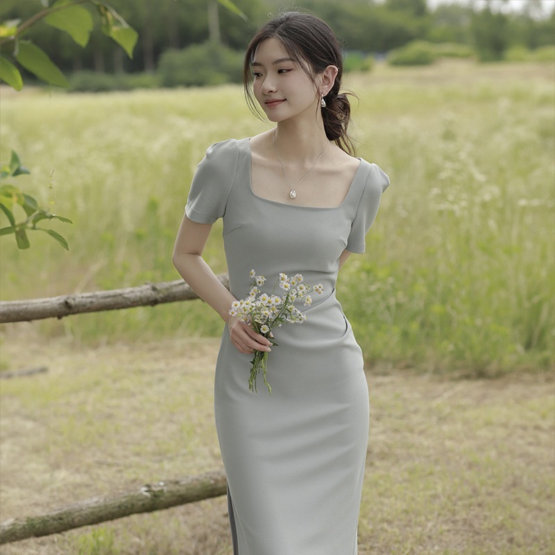 ワンピースドレスドレス白い小さなドレススクエアカラー半袖スリムフィットマイクレッチロングスタイルエンゲージメントスモールドレスドレス 6,160円