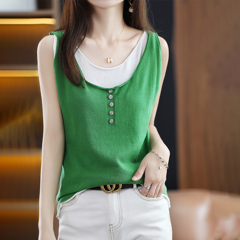 トップス キャミソール レギュラー丈 タンクトップ ノースリーブ ラウンドネック 細身 ストレート 綿 ニット フェイクツーピース きれいめ カジュアル おしゃれ レトロ ラフ キュート ルーズ