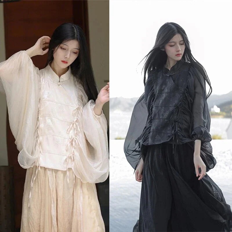 チャイナ風トップス レディース チャイナ服 ブラウス 仙気 くらげ袖 スタンドカラー 杏色 黒色