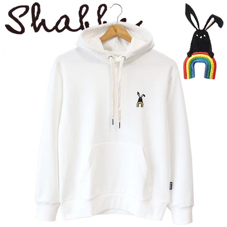 Shabby シャビー ワンポイント プルパーカー レインボー 虹 シンプル かわいい 長袖 裏毛 キャラT トップス カジュアル アウトドア うさぎ ストリート ホワイト SHA-251-07