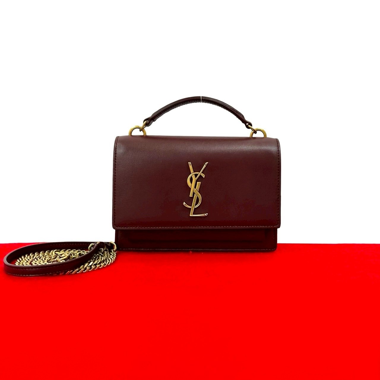 サンセット YSL ロゴ 金具ショルダーバッグ レザー ワインレッド 442-2