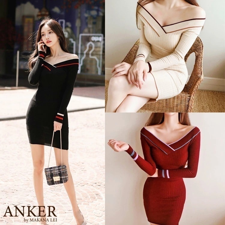 【新作】レディース ワンピース 冬 秋 Vネック オフショルダー モテ服 セーター ニット 長袖 タイト ミニ ワンピース 肩出し セクシー デート 服 ボディコン 秋 冬