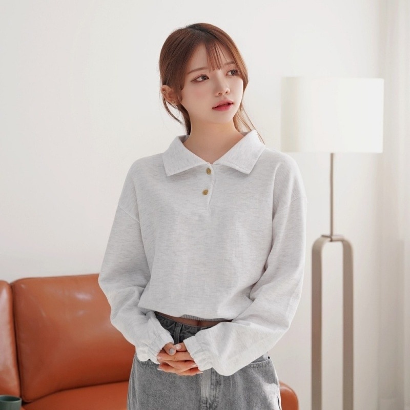 クロップド丈 トップス プルオーバー トレーナー スウェット 袖あり 長袖 ボリューム袖 ドロップショルダー 萌袖 襟付き かわいい 大人可愛い きれいめ シンプル カジュアル おしゃれ お洒落