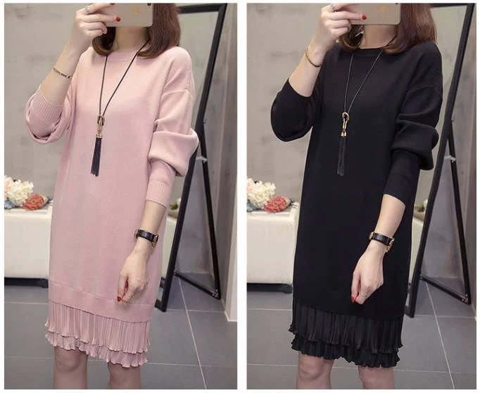 ニット ワンピース レディース 長袖 ラウンドネック 膝上 膝丈 フリル プリーツ 無地 ピンク 黒 XL 2XL 3XL マタニティ 大人可愛い おしゃれ シンプル フォーマル お出かけ デート
