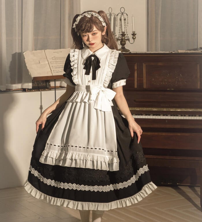 【急速出荷】ロリータ メイド 3点セット 半袖 ワンピース エプロン メイドカフェ コスプレ 制服リボン レース装飾 かわいい Lolita ゴスロリ 華麗 豪華 エレガント メイド服 ゴシック ロリ