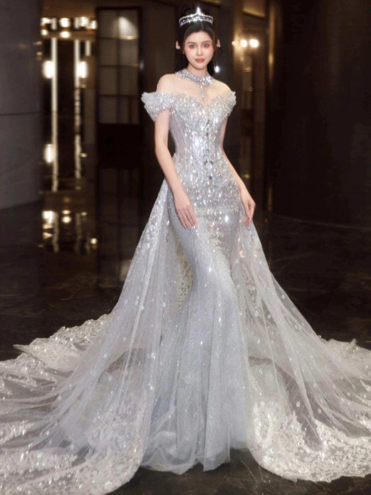 ワンショルダーライトウェディングドレス2025花嫁質感ビッグテールテールメインガーゼレディース