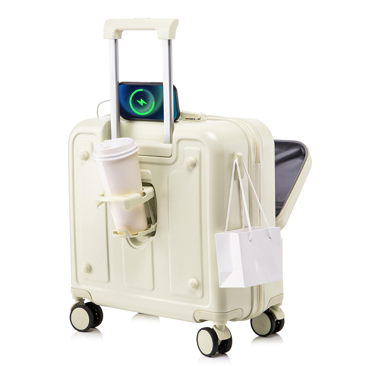 [Manatsulife] スーツケース ssサイズ 機内持ち込み キャリーケース ミニサイズ フロントオープン カップホルダー付き USBポート付き 軽量 耐衝撃 360度回転 静音 ダブルキャスタ