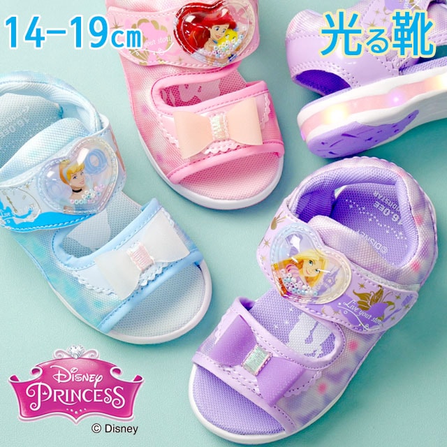 ムーンスター ディズニープリンセス 光るサンダル キッズ 光る靴 女の子 スポーツサンダル 子供靴 ラプンツェル シンデレラアリエル ベルクロ リボン ハート パープル サックス ピンク DN C13