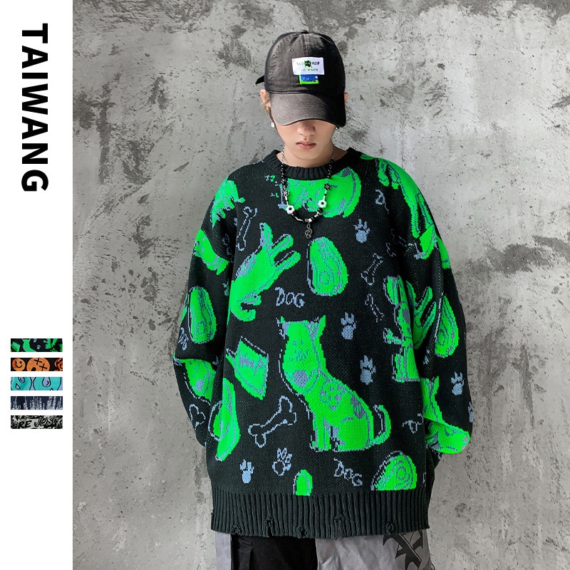 暖かい 韓国 セーター メンズ 大きいサイズ 長袖 秋冬 オーバーサイズ 男女兼用 個性 シンプル 防寒ファッションブランドのセーター男秋冬ニット男破れ穴ジャカードゆるいセーター男