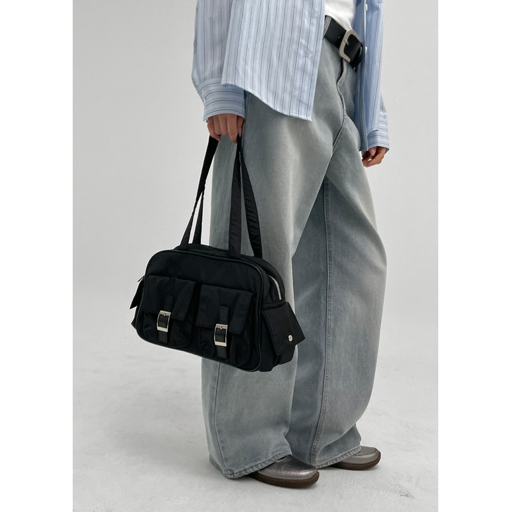 ブラックアップヘイアナイロンポケットショルダーバッグ