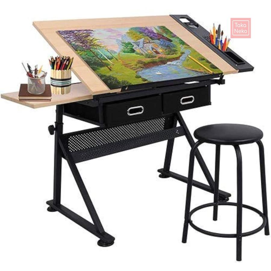 MDF調節可能な製図図面テーブルデスクTiltable Tabletopクラフト駅art-hobby Table with Stool and 2 Drawers for Writingアートクラフト