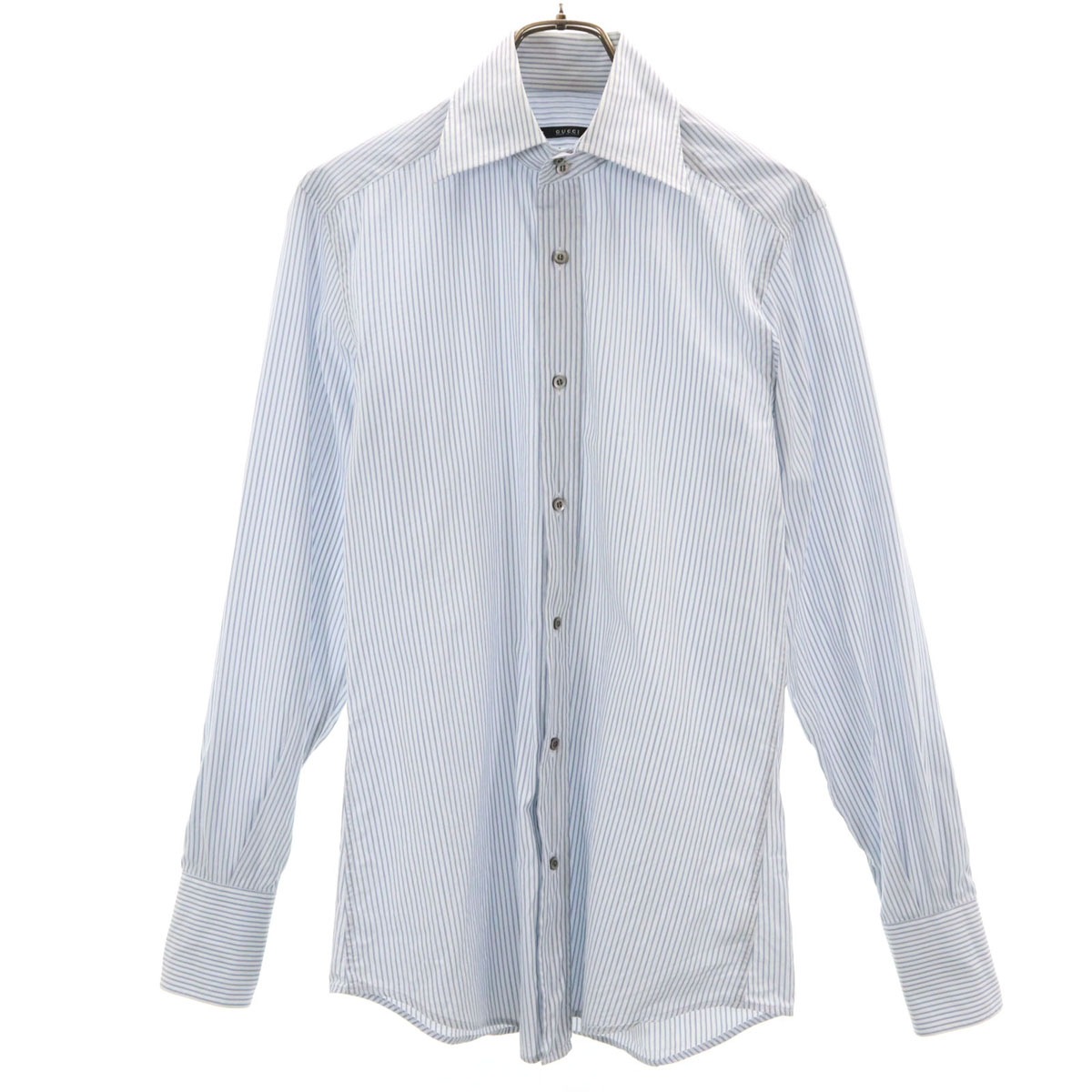 イタリア製 ストライプ柄 長袖 コットンシャツ 38 ホワイト メンズ 古着