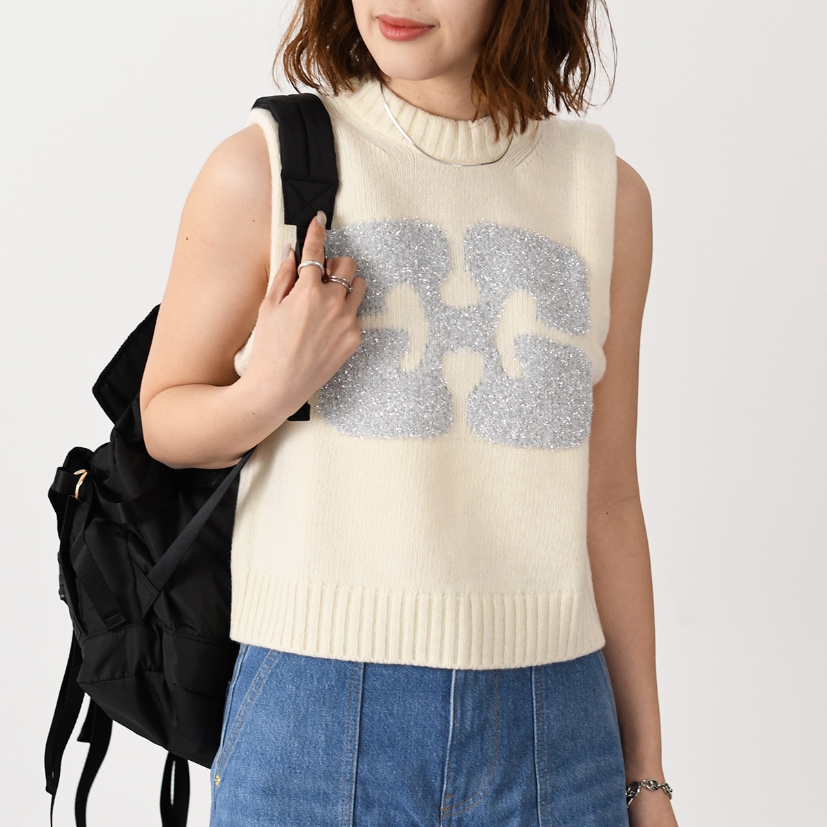 ニットベスト トップス ベスト GRAOHIC VEST K2252 レディース ホワイト ラウンドネック バタフライロゴ ニット