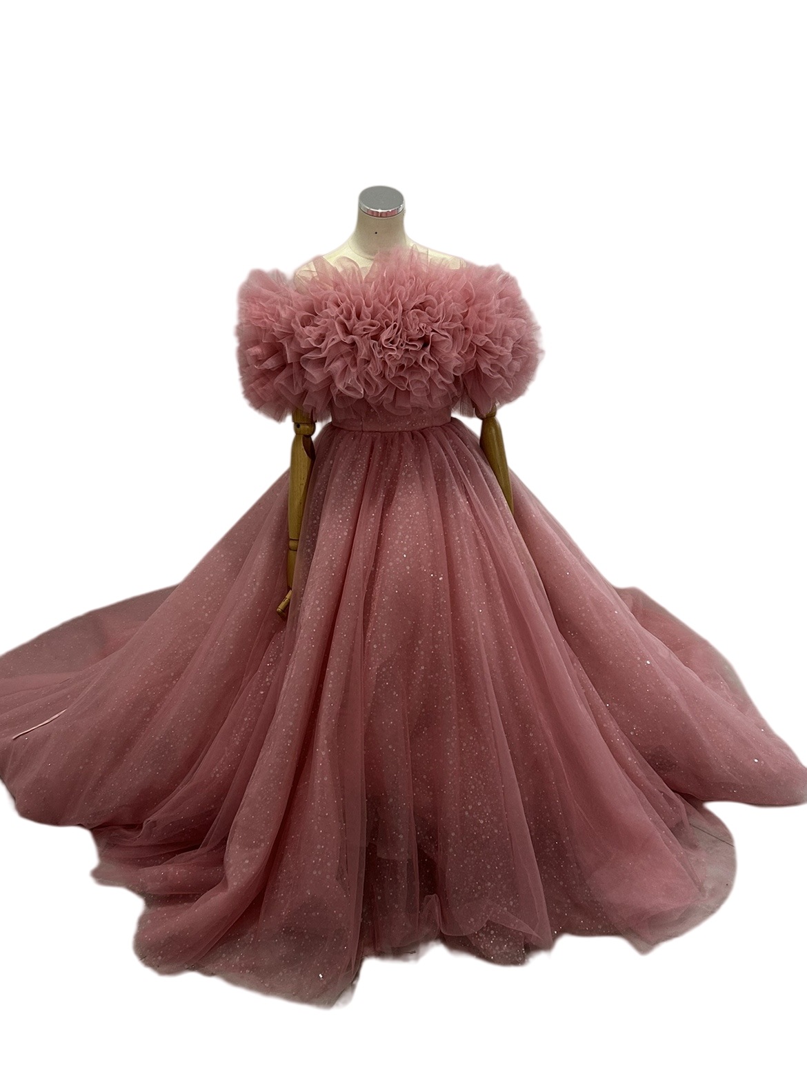 豪華！カラードレス ローズピンク オフショルダー キラキラのハンドビーディング 花嫁 前撮り