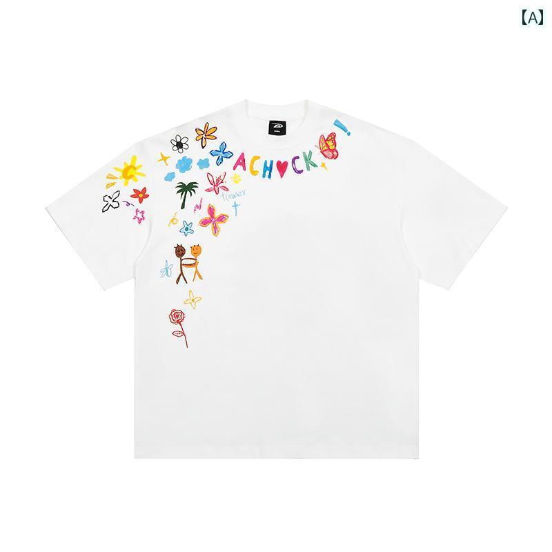 Tシャツ　レディース　かわいい Achock オフィシャル ストアの なの 落書き プリント 半袖 Tシャツ ストリート カップル ラウンドネック