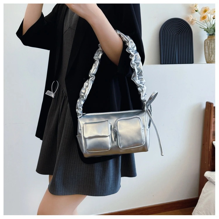 ギャザーショルダーバッグ　PUバッグ　韓国ファッション　デザイン　リボン (T)