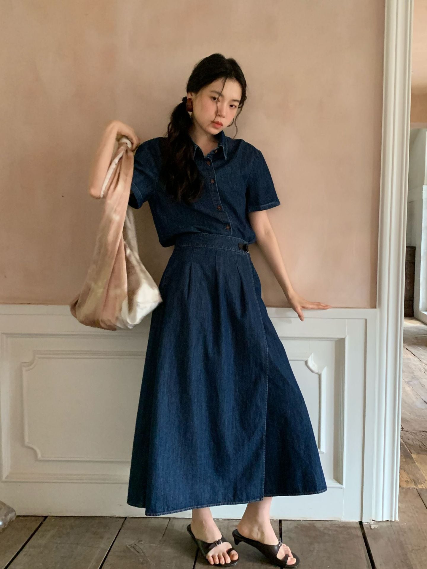 夏ファッション通勤OLデニムスーツレディースシャツハーフスカート2点セットS5321