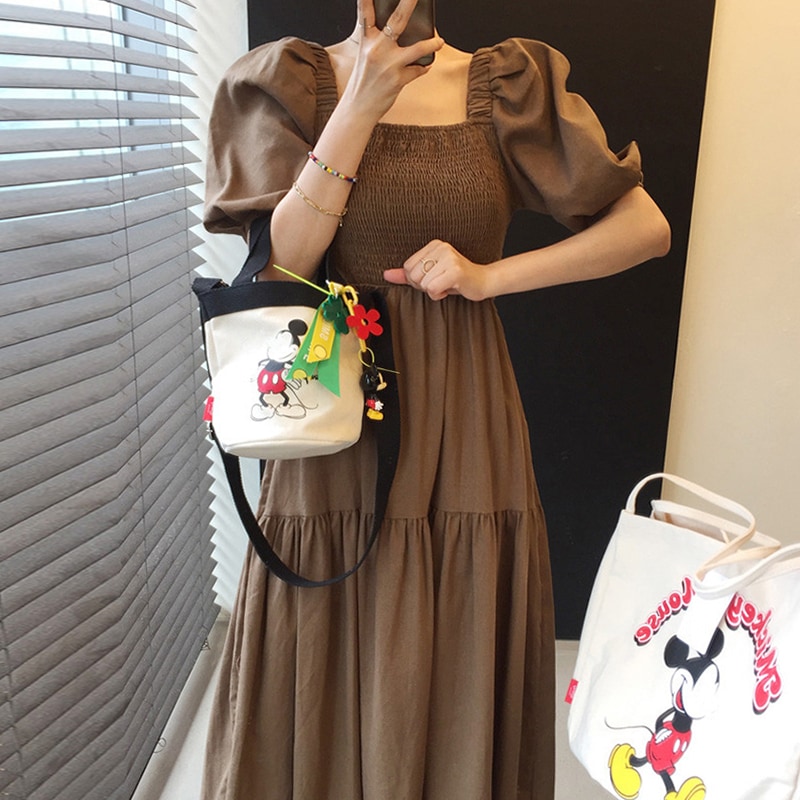 韓国 チック夏 エレガント 正方形の襟 スキニーバブルスリーブドレスロングドレス女性 ワンピース フレアワンピース ミモレ丈 ロング丈 マキシ丈 半袖 ボリューム袖 スクエアネック ストレート