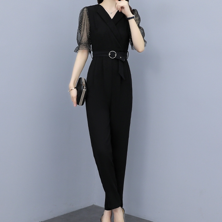 オールインワン パンツ オールインワン ロング ロング丈 袖あり 半袖 パフスリーブ Vネック 襟付き 切り替えデザイン ドッキング チュール ベルト ウエストマーク ハイウエスト かわいい 9,713円