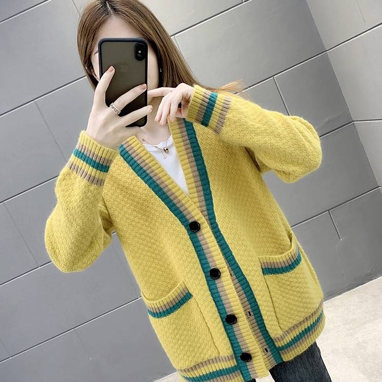 カーディガン ライン トップス レディース 3色 長袖 二本ライン バイカラー オーバーサイズ ざっくり Vネック ニュアンス ショート丈 可愛い 通勤 黄 緑 イエロー グリーン ベージュ S M