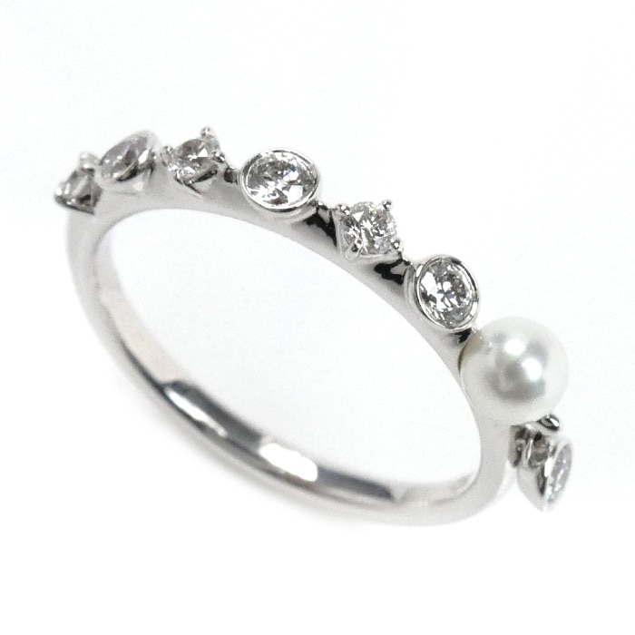MIKIMOTO ミキモト K18WG ホワイトゴールド ディナー リング・指輪 PR1461U パール約3.4mm ダイヤモンド 5号 1.7g レディース 中古 美品