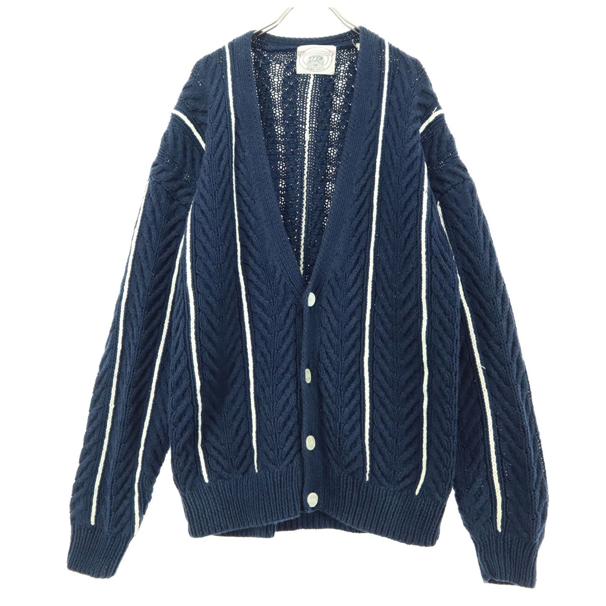 JOHN ASHFORD SPORT ジョンアッシュフォードスポーツ 90s オールド ストライプ柄 長袖 アラン ニットカーディガン L ネイビー メンズ 古着