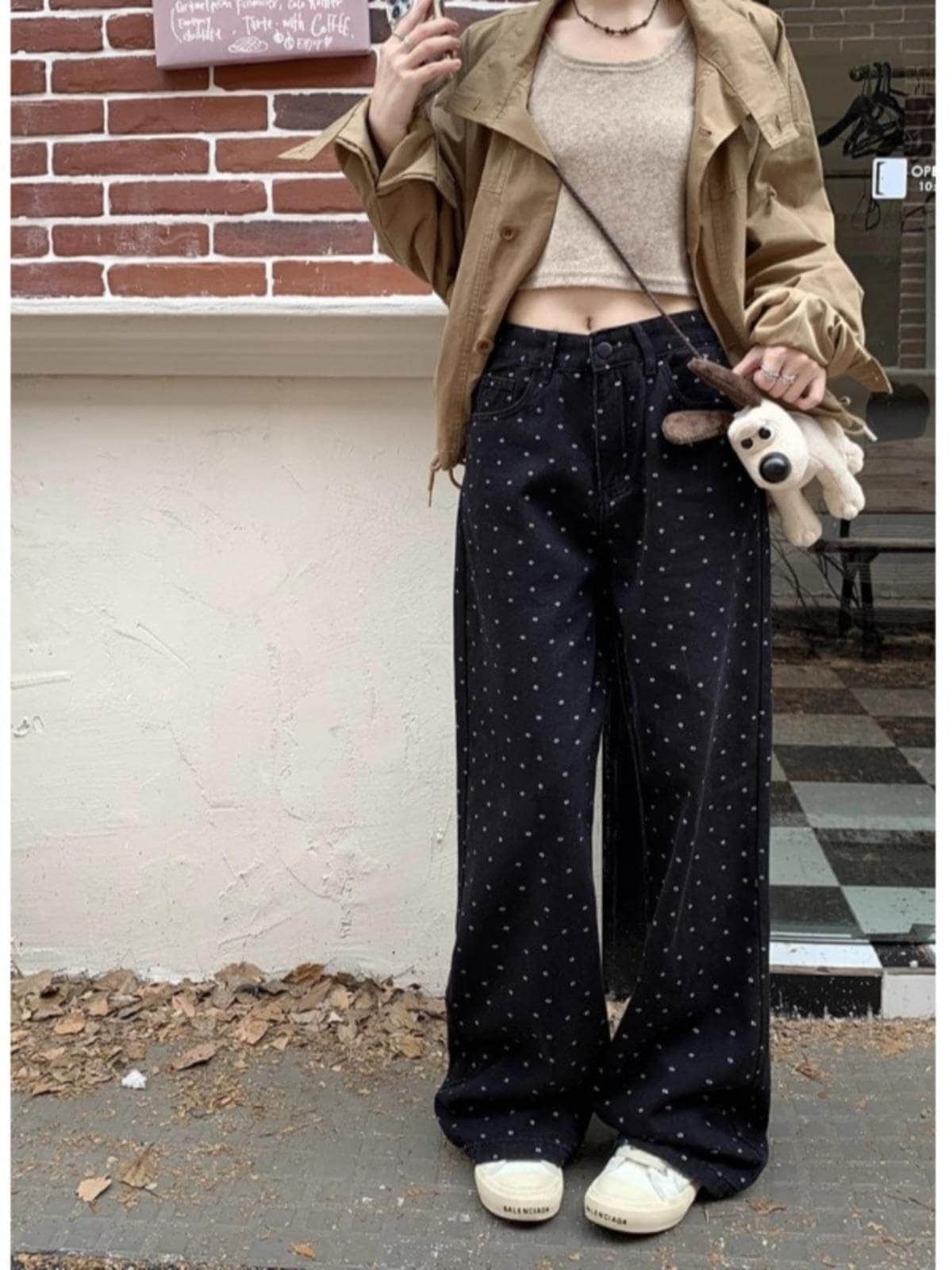 T春秋黑色碎花波点宽松牛仔裤女韩系垂感小个子直筒阔腿裤裤