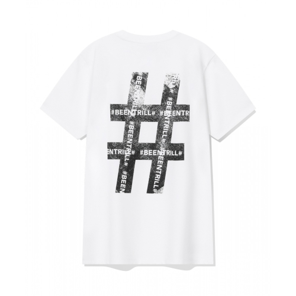 BEENTRILL ビンテージハッシュタグマッスルフィット半袖Tシャツ (ホワイト)