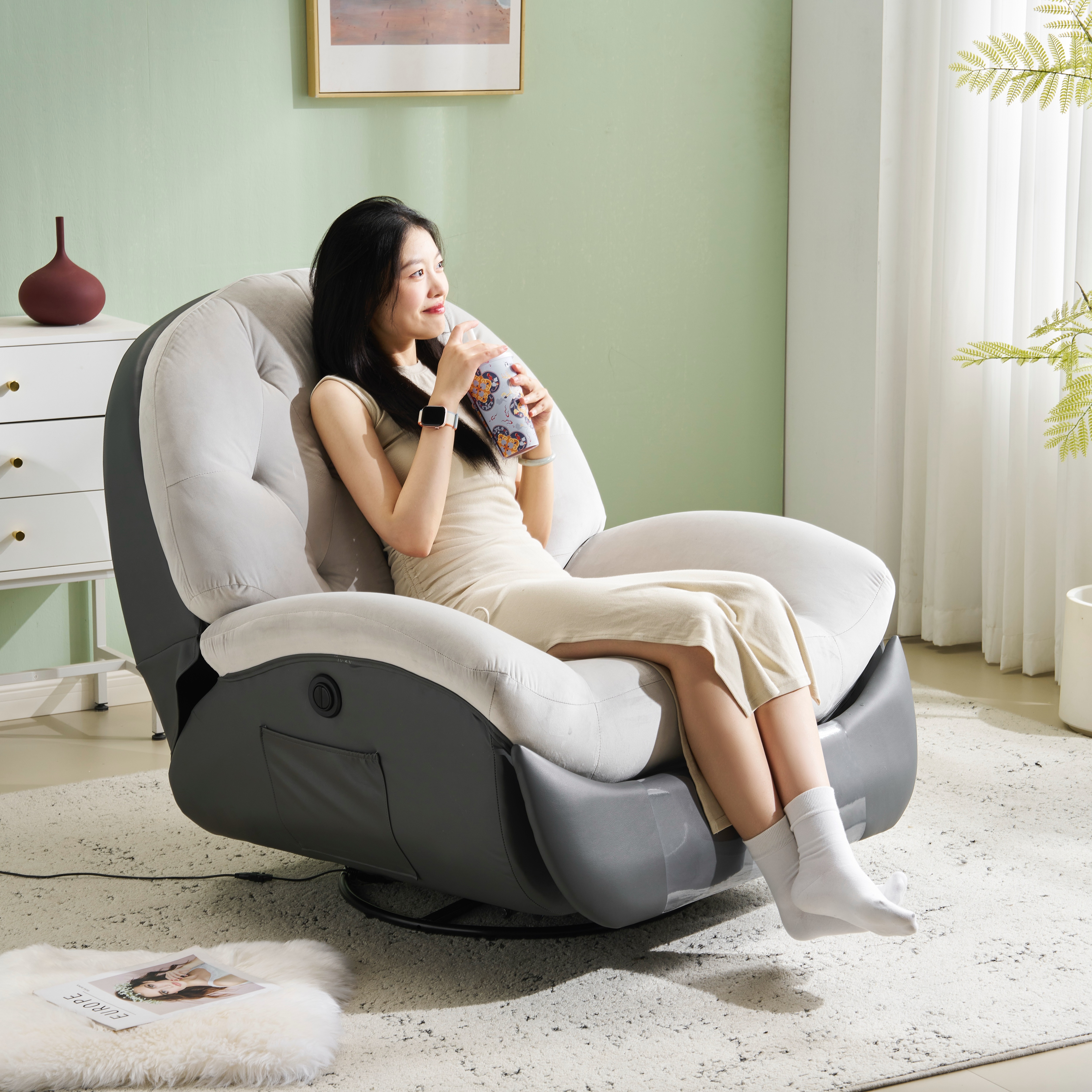 電動1人掛けソファー リクライニングチェア ゲーミングチェア リクライニングソファ 電動ソファ ベルベット 貝殻のデザイン 270度回転式 背もたれ調節105-165度 簡単昇降ボタン 34,544円