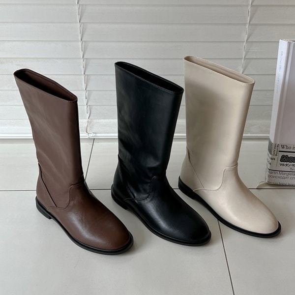 ミドルブーツ フラット レディース ぺたんこ ペタンコ 黒 茶 ブラック ブラウン アイボリー 歩きやすい 痛くない カジュアル シンプル 靴 婦人靴 韓国
