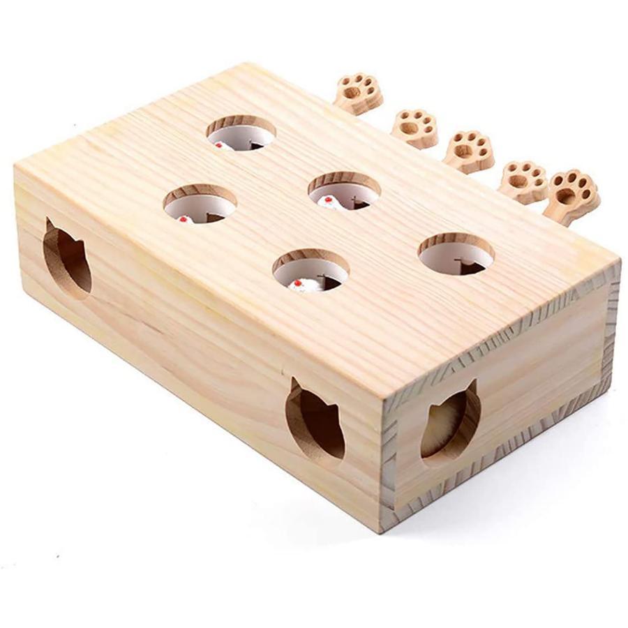木製のインタラクティブな猫のおもちゃ猫狩猟ゲーム運動スクラッチのための漫画のおもちゃ-5穴